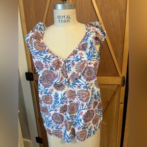 Ruffle Sleeve Floral Linen Top